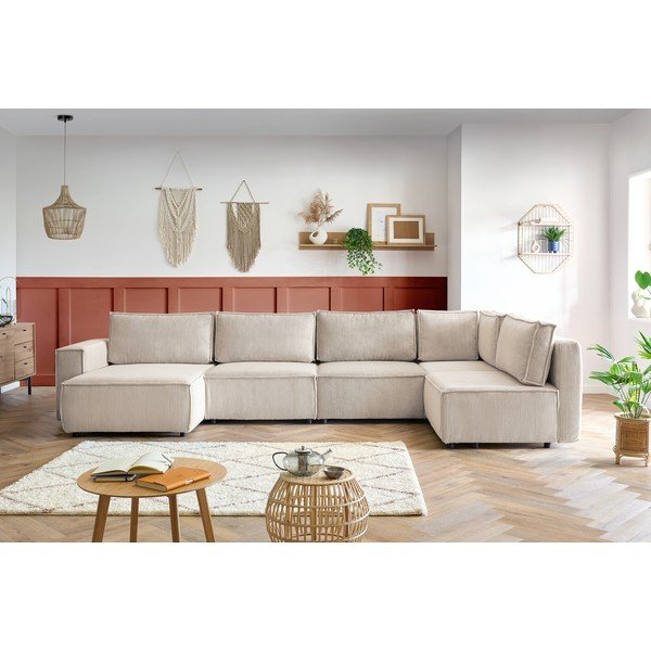 Colțar crem cu tapițerie din catifea reiată  (cu colț pe partea dreaptă/în formă de "U") Nihad modular – Bobochic Paris-image-1