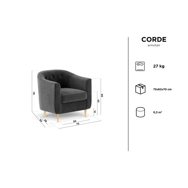 Fotoliu cu tapițerie din catifea Kooko Home Corde, gri închis-image-4