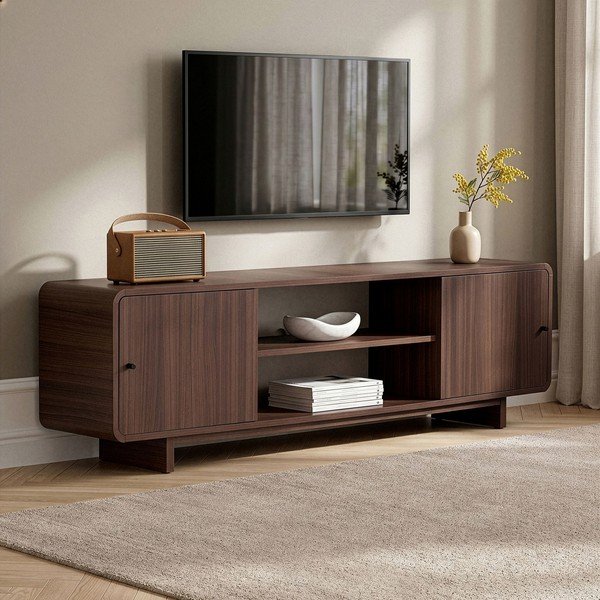 Comodă TV în culoare naturală închisă cu aspect de lemn de nuc 180x52x34 cm Mirel – Nordure-image-3