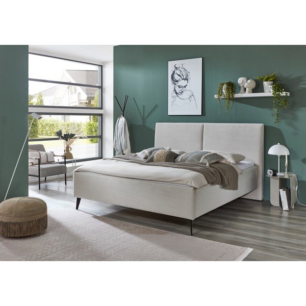 Pat matrimonial bej tapițat cu spațiu de depozitare cu somieră 180x200 cm Lando – Meise Möbel-image-1