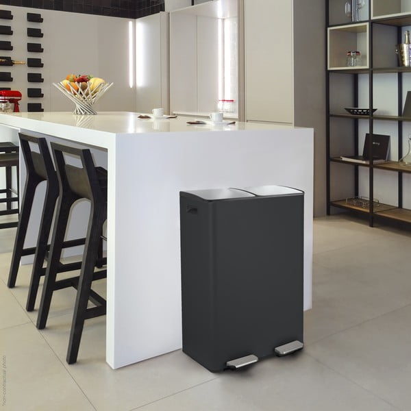 Coș de gunoi negru mat pentru reciclare/cu pedală 2x30 l din oțel   Aliya – Spirella-image-1