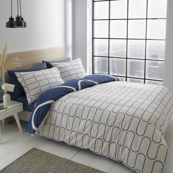 Lenjerie de pat alb-albastru 200x135 cm Linear Curve - Catherine Lansfield-image-2