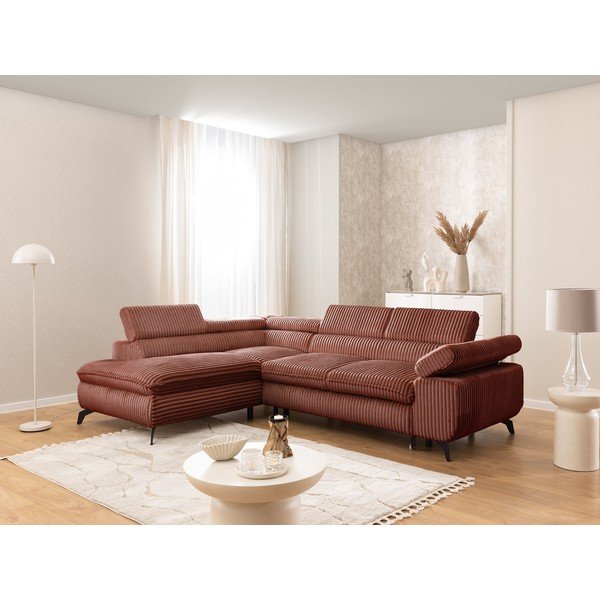 Colțar teracotă cu tapițerie din catifea reiată  (cu colț pe partea stângă/în formă de ”L”) Marbeya  – Ropez-image-1