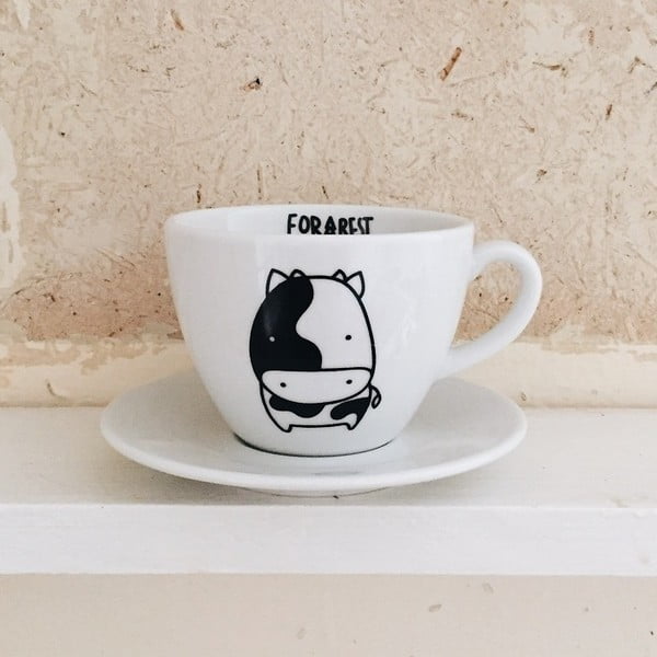 Ceașcă pentru cafea cu farfurie FOR.REST Design Cow, 200 ml