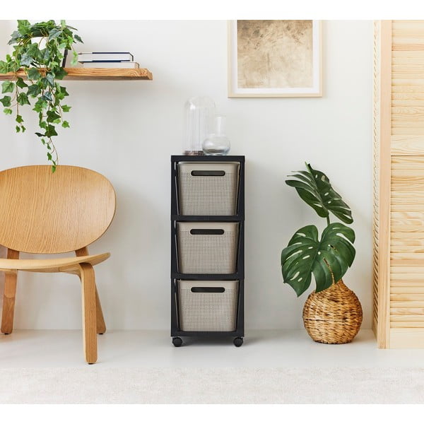 Etajeră pe roți neagră/bej din plastic 30x77 cm Brisen - Rotho-image-1