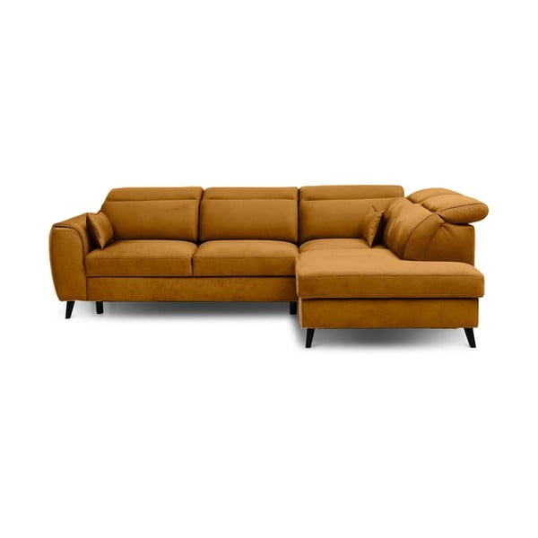 Colțar galben extensibil/cu spațiu de depozitare cu tapițerie din catifea (cu colț pe partea dreaptă/în formă de ”L”) Noble – ELTAP