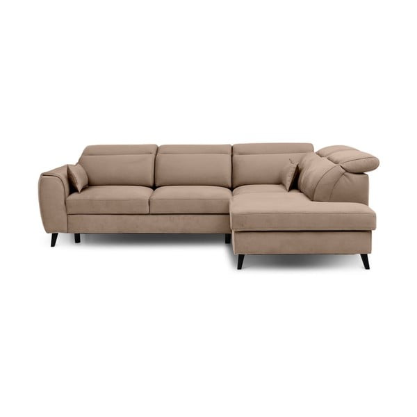 Colțar maro deschis extensibil/cu spațiu de depozitare cu tapițerie din catifea (cu colț pe partea dreaptă/în formă de ”L”) Noble – ELTAP