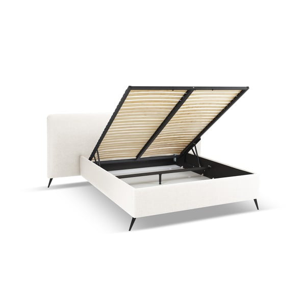 Pat matrimonial crem tapițat cu spațiu de depozitare și somieră  160x200 cm Walter – Milo Casa-image-2