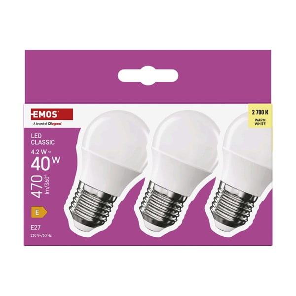 Becuri LED E27, 3 buc. cu lumină albă caldă 4 W – EMOS-image-1