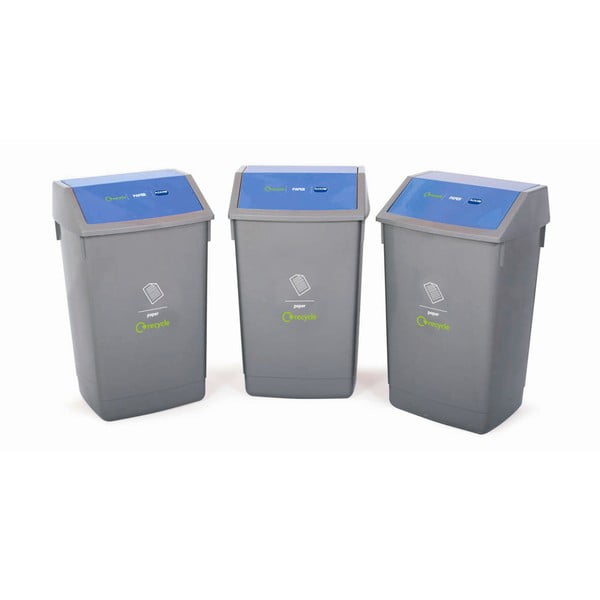 Set 3 coșuri de gunoi cu capac albastru, pentru reciclare Addis, 41 x 33,5 x 68 cm