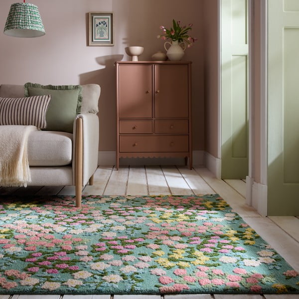 Covor verde mentă țesut manual din lână 200x290 cm Emilia Floral – Flair Rugs-image-1