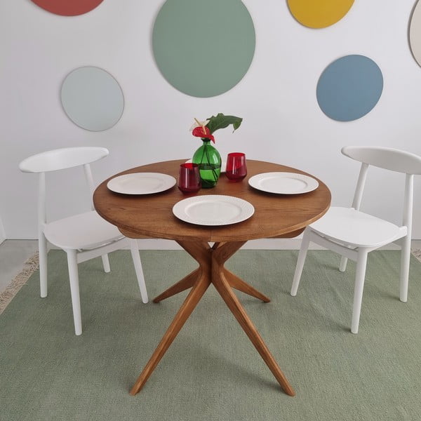 Masă de dining rotundă extensibilă cu aspect de lemn de stejar cu blat suplimentar ø 90 cm Jubi – Ragaba-image-1