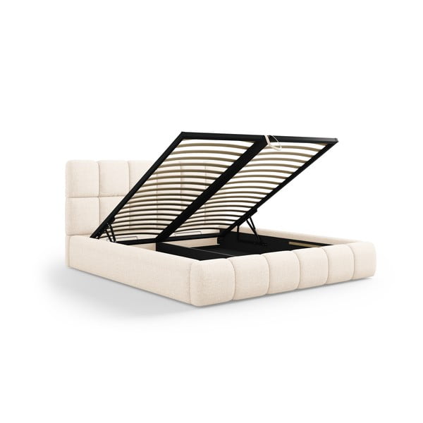 Pat matrimonial crem tapițat cu spațiu de depozitare cu somieră 140x200 cm Bellis – Micadoni Home-image-2