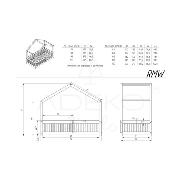 Pat pentru copii  în culoare naturală de tip casă din lemn de pin 120x200 cm Mila RMW – Adeko-image-3