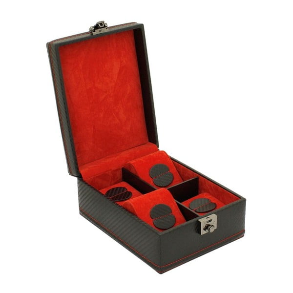 Cutie pentru 4 ceasuri Firedrich Lederwaren Carbon, negru roșu