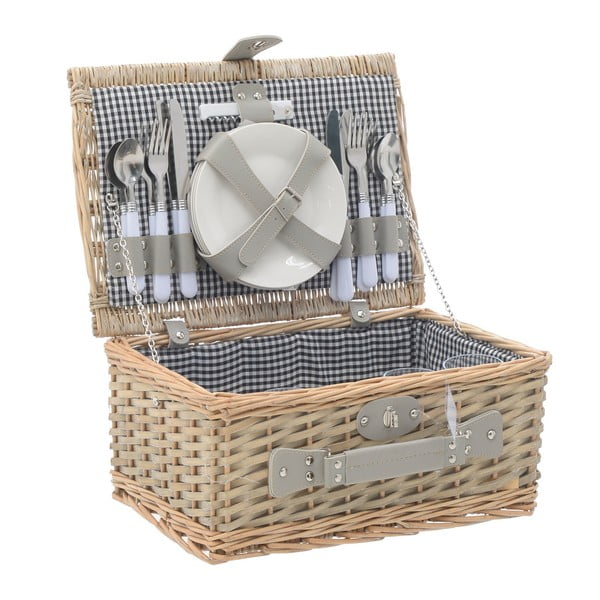 Coș picnic cu veselă InArt, 40 x 28 cm, gri