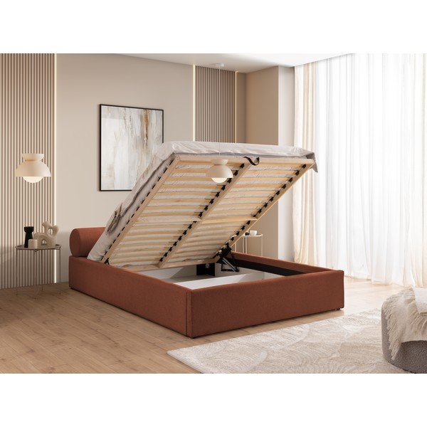 Pat matrimonial teracotă tapițat cu spațiu de depozitare cu somieră 160x200 cm Cille – Ropez-image-4