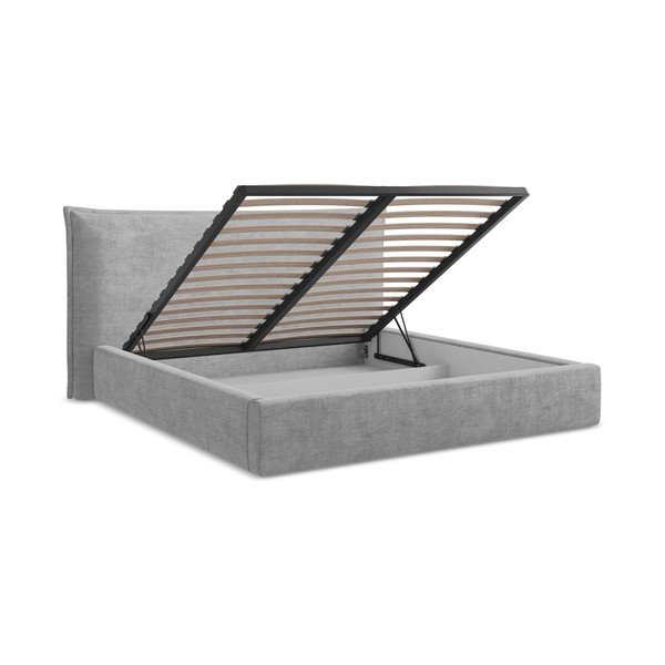 Pat matrimonial gri deschis tapițat cu spațiu de depozitare cu somieră 140x200 cm Esala – Makamii-image-3