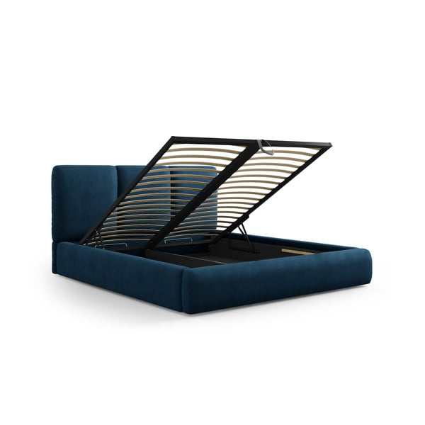 Pat matrimonial albastru închis tapițat cu spațiu de depozitare și somieră 140x200 cm Brody – Mazzini Beds-image-2