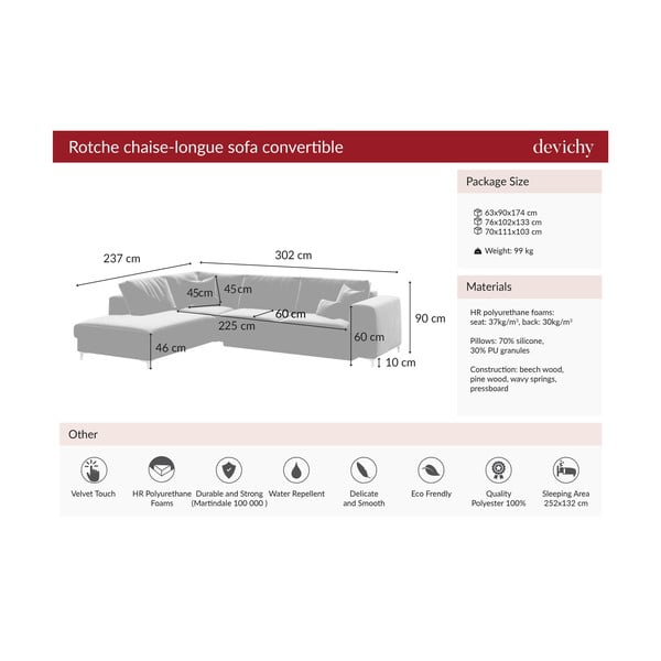 Colțar extensibil din catifea cu șezlong pe partea stângă devichy Rothe, roz închis-image-3