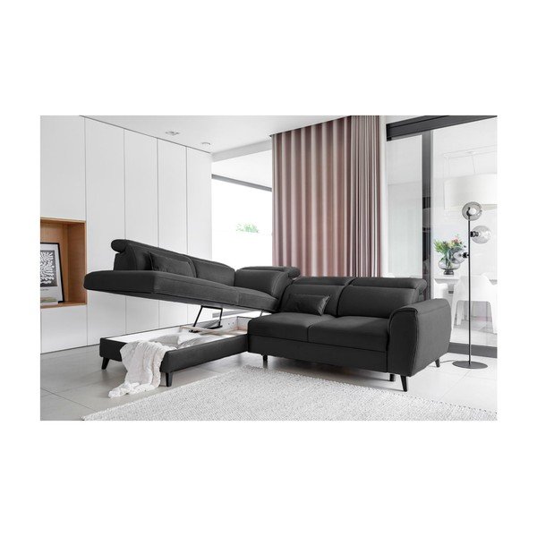 Colțar gri închis extensibil/cu spațiu de depozitare cu tapițerie din catifea (cu colț pe partea stângă/în formă de ”L”) Noble – ELTAP-image-3