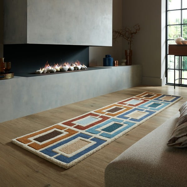 Covor tip traversă albastru/portocaliu țesut manual din lână 60x230 cm Retro Blocks – Flair Rugs-image-1