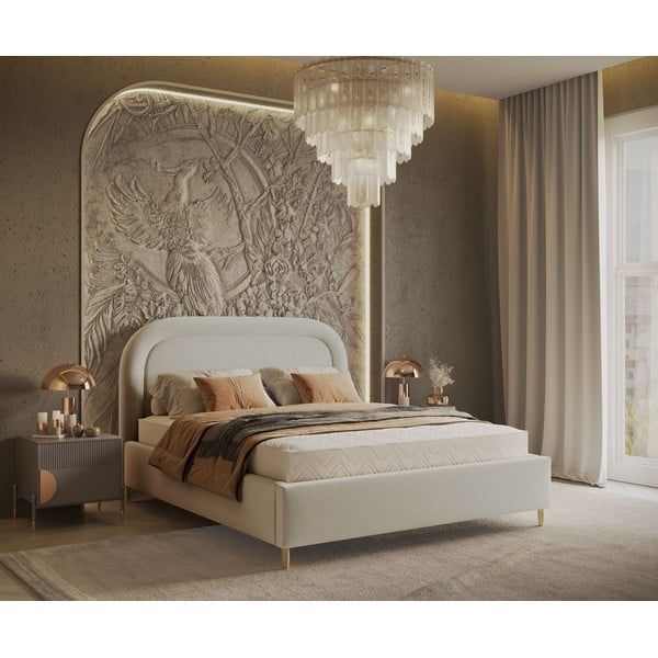 Pat matrimonial crem tapițat cu spațiu de depozitare cu somieră 180x200 cm Mija – Maison de Rêve-image-1