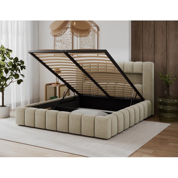Pat matrimonial bej tapițat cu spațiu de depozitare cu somieră 140x200 cm Lamica – ELTAP-image-4