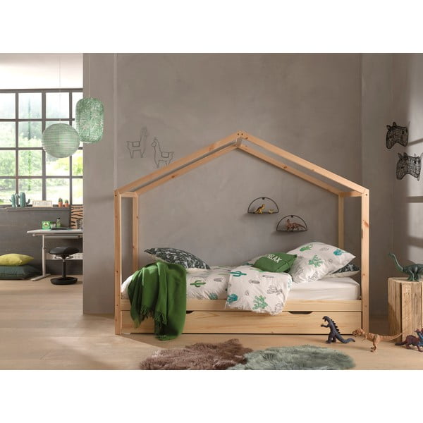 Pat pentru copii  în culoare naturală de tip casă/cu extensie suplimentară din lemn masiv de pin cu spațiu de depozitare 90x200 cm DALLAS – Vipack-image-1