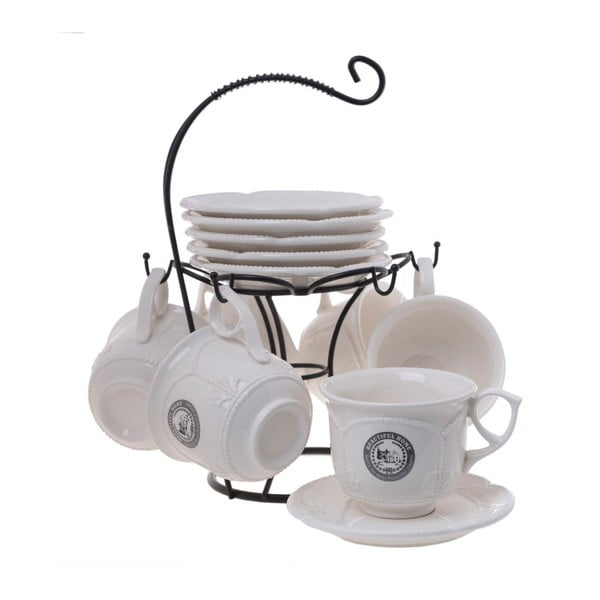 Set cești de ceai din porțelan și farfurii într-un suport Classico