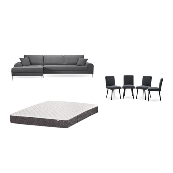 Set canapea gri cu șezlong pe partea stângă, 4 scaune gri antracit și saltea 160 x 200 cm Home Essentials