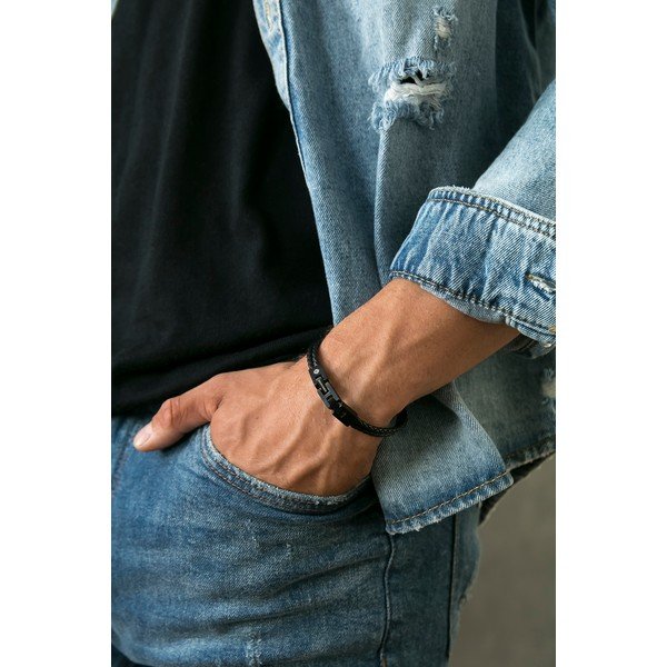 Brățară din piele naturală pentru bărbați Monomen Double Braid, negru-image-1