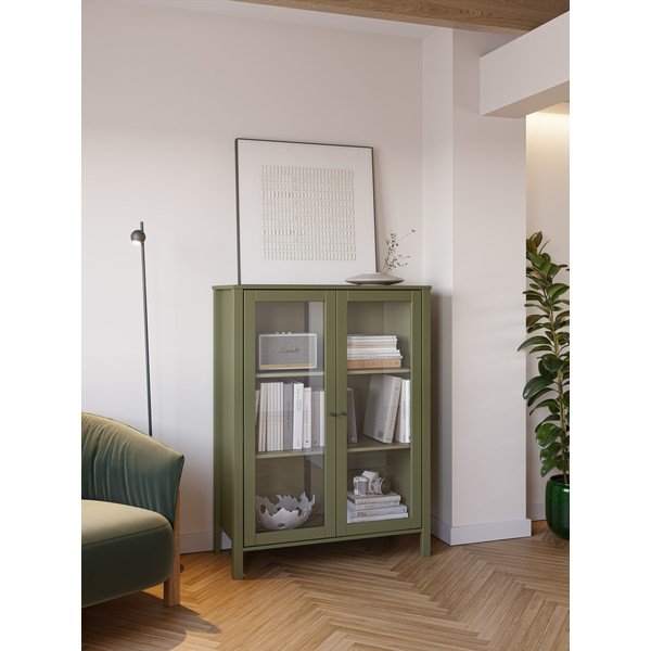 Vitrină verde din lemn de pin 90x120x40 cm Alessandra – Marckeric-image-1