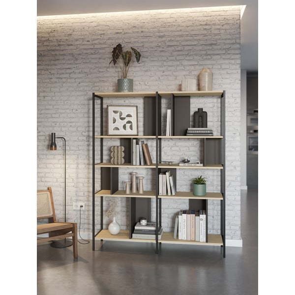 Bibliotecă neagră/în culoare naturală cu aspect de lemn de stejar 144x175 cm Alabama – Marckeric-image-1