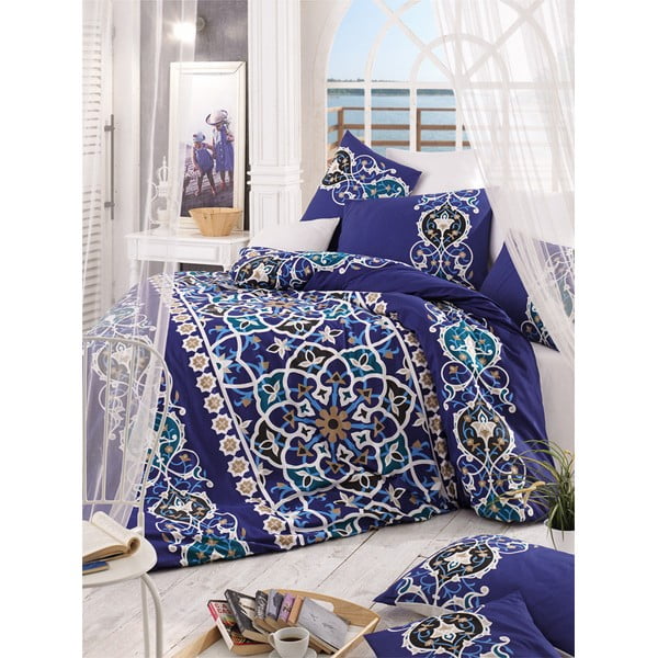 Lenjerie de pat albastru-închis din bumbac pentru pat dublu/extinsă cu cearceaf inclus 200x220 cm Kayra – Mijolnir