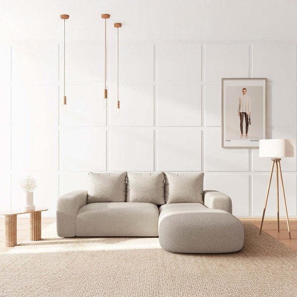 Colțar bej cu tapițerie din țesătură bouclé (cu colț pe partea dreaptă, cu șezlong) Monce – Rodier-image-1