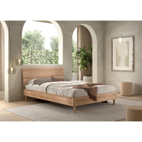 Pat matrimonial în culoare naturală din lemn de stejar cu somieră 140x200 cm Forrest – Vipack-image-1