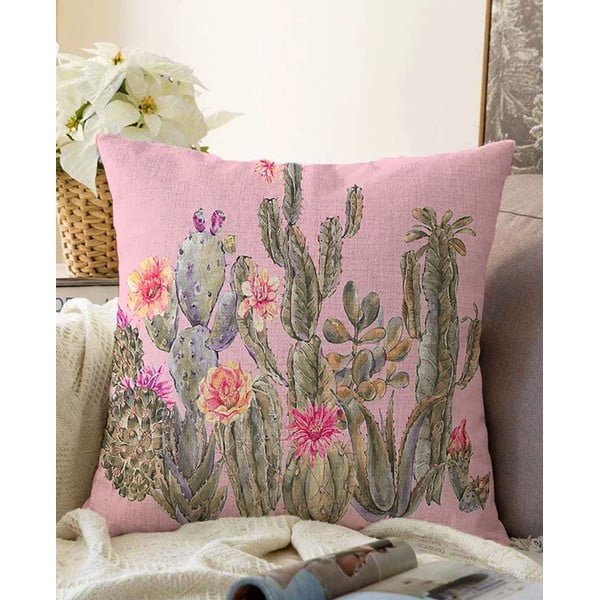 Față de pernă din amestec de bumbac Minimalist Cushion Covers Blooming Cactus, 55 x 55 cm, roz