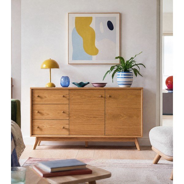 Comodă în culoare naturală joasă cu aspect de lemn de stejar 149x75 cm Kensal – Woodman-image-1