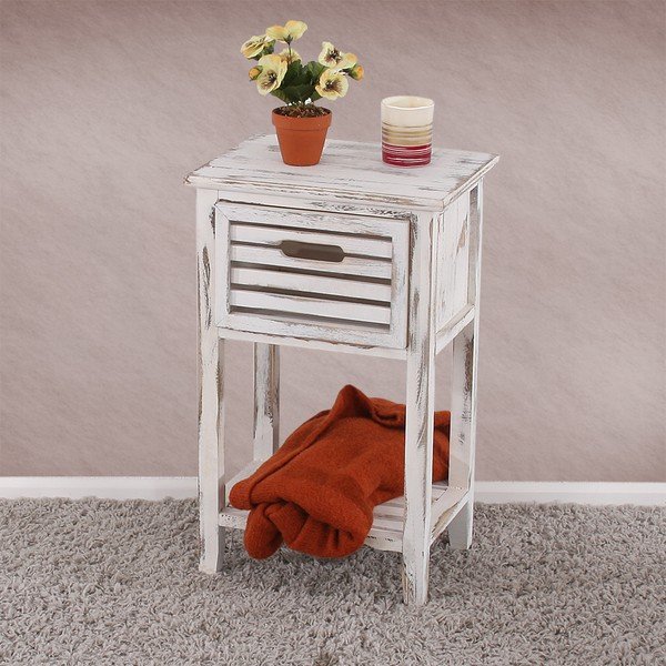 Noptieră din lemn Mendler Shabby, alb-image-1