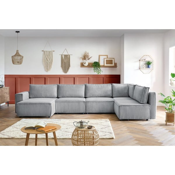 Colțar gri deschis cu tapițerie din catifea reiată  (cu colț pe partea dreaptă/în formă de "U") Nihad modular – Bobochic Paris-image-1