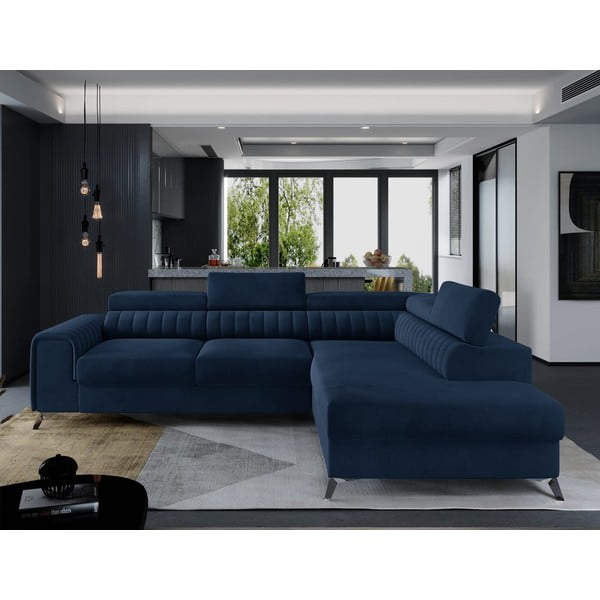 Colțar albastru extensibil/cu spațiu de depozitare cu tapițerie din catifea (cu colț pe partea dreaptă/în formă de ”L”) Laurence – ELTAP-image-1