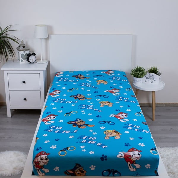 Cearceaf pentru copii albastru din bumbac pentru pat de o persoană cu elastic 90x200 cm Paw Patrol – Jerry Fabrics-image-1
