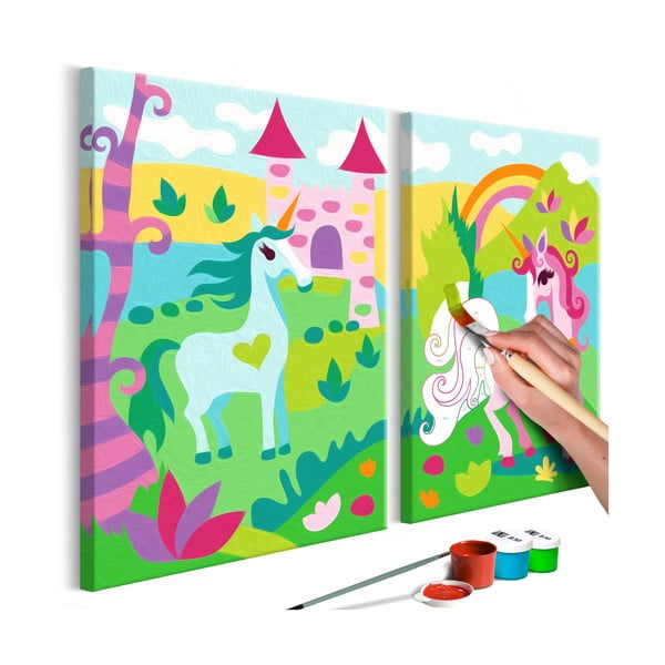 Set DIY pentru crearea unei picturi pe pânză din două părți Artgeist Fairytale Unicorns, 33 x 23 cm