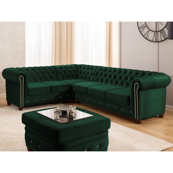 Colțar verde extensibil cu tapițerie din catifea (cu colț pe partea stângă/în formă de ”L”) York Blik – Ropez-image-1