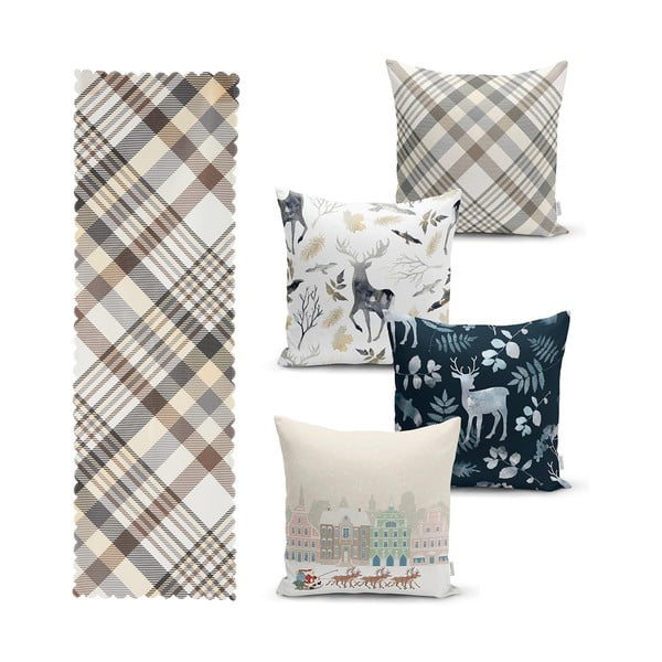 Set 4 fețe de pernă și un napron de masă cu model de Crăciun Minimalist Cushion Covers Holiday Season