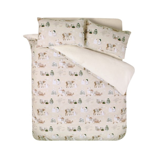 Lenjerie de pat bej din micropluș/cocolino pentru pat dublu 200x200 cm Winter Friends – Catherine Lansfield