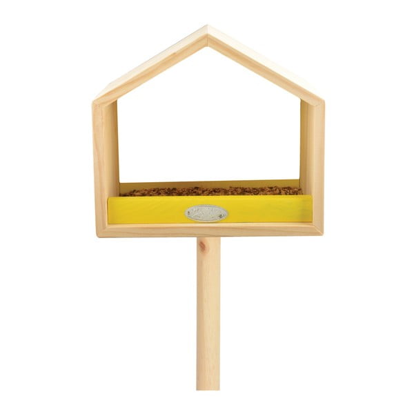 Suport din lemn de pin pentru hrănit păsări Esschert Design, înălțime 111 cm, detalii galbene