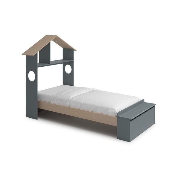 Pat pentru copii  în culoare naturală/verde prăfuit de tip casă cu aspect de lemn de pin cu spațiu de depozitare cu somieră 90x190 cm Odessa – Marckeric-image-4