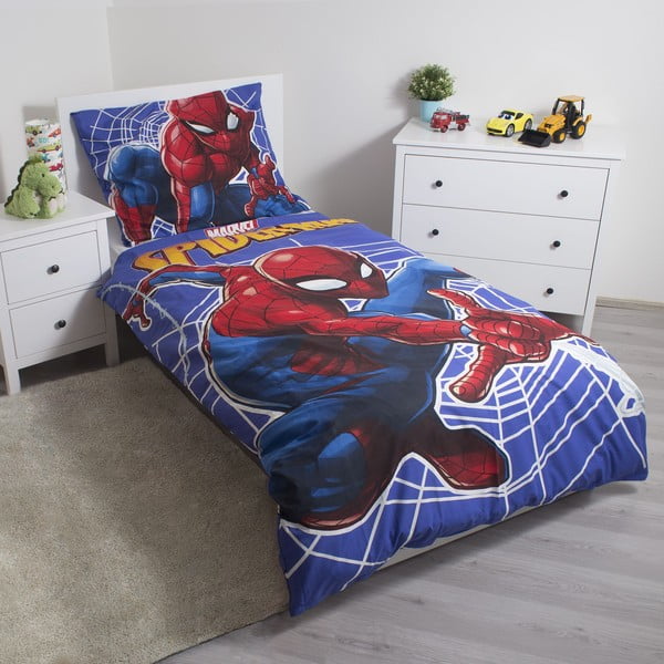 Lenjerie de pat fosforescentă pentru copii roșie-albastră din bumbac pentru pat de o persoană 140x200 cm Spider-man – Jerry Fabrics-image-1